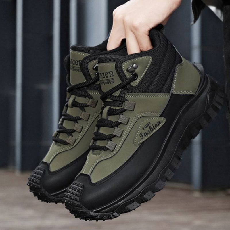 Sneaker Zone - メンズ黒白ミッドトップハイキングブーツ防水レザー プラットフォームスニーカー滑り止めアウトドアカジュアルシューズ頑丈なソール付き